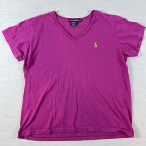 Ralph Lauren Sport Womens XL Magenta Pink V-Neck Cotton T-Shirt Green Pony Logo